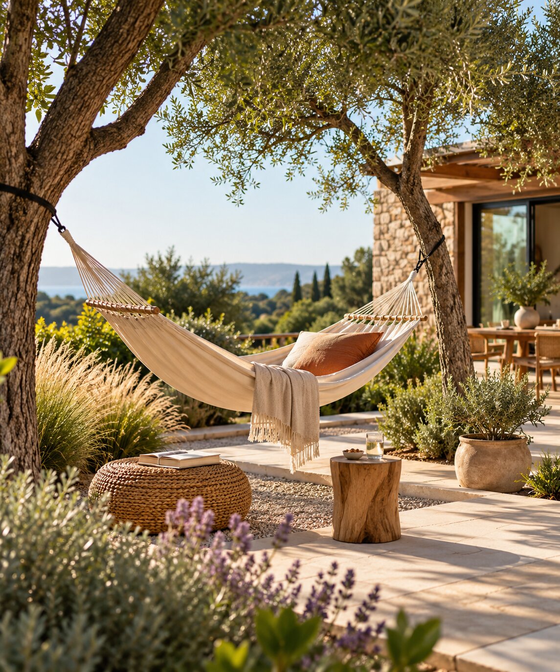 Contemporary garden retreat with a hammock, natural materials and layered greenery